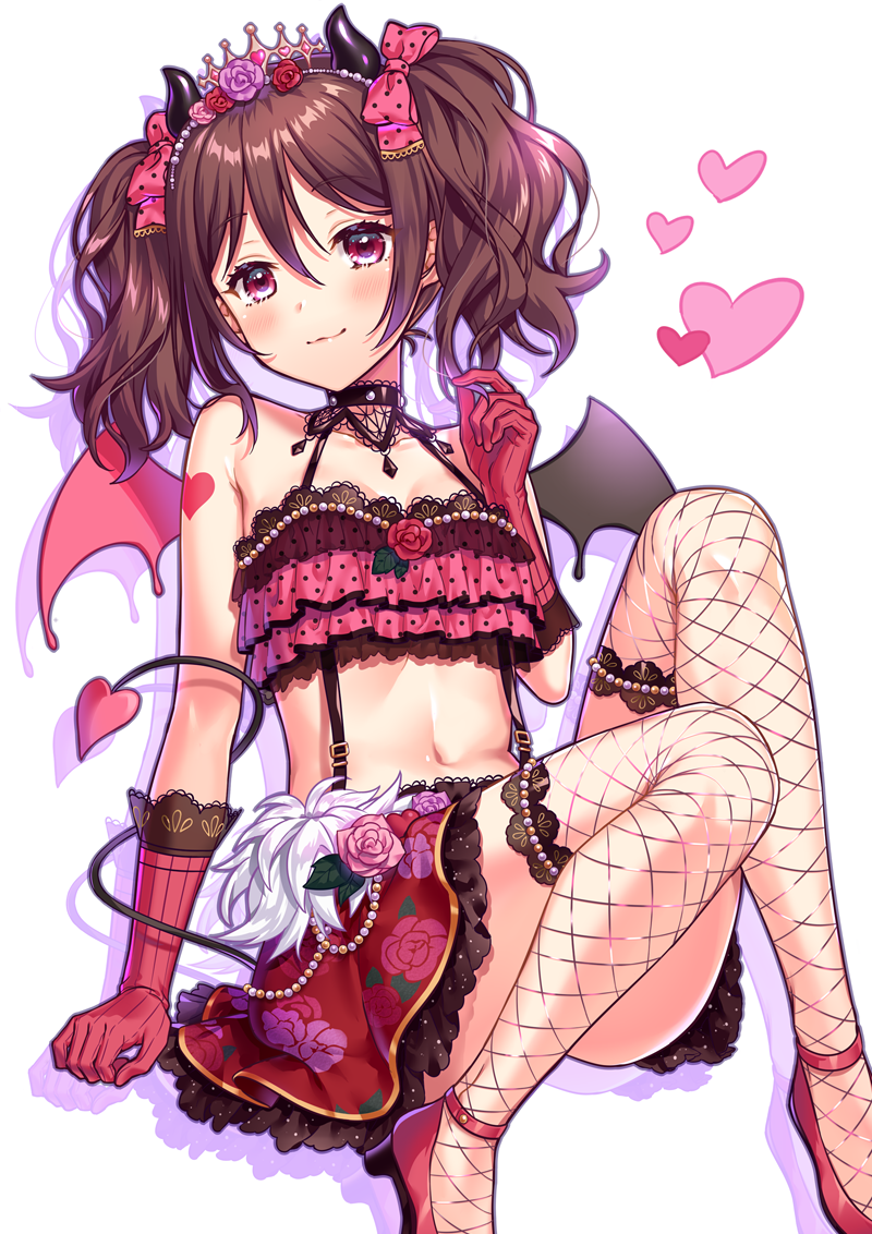 1girl :3 alternate_hair_color anklet bare_shoulders blush bow breasts brown_hair closed_mouth collarbone elbow_gloves eyebrows_visible_through_hair fake_horns fishnet_legwear fishnets gloves hair_bow heart high_heels jewelry kuroki_(ma-na-tu) looking_at_viewer love_live! love_live!_school_idol_project navel pink_bow pink_gloves red_eyes red_skirt short_hair short_twintails skirt small_breasts smile thigh-highs twintails yazawa_nico