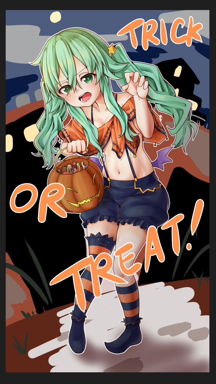 1girl ajidot asymmetrical_legwear bag bare_shoulders bat_wings black_shorts blush breasts claw_pose cleavage crop_top date_a_live food full_moon green_eyes green_hair hair_between_eyes hair_ornament highres holding holding_bag holding_pumpkin kneehighs leaning_forward long_hair looking_at_viewer midriff moon natsumi_(date_a_live) navel night no_hat no_headwear open_mouth outdoors pumpkin shorts small_breasts solo star star_hair_ornament striped striped_legwear suspender_shorts suspenders sweets thigh-highs trick_or_treat twintails wings