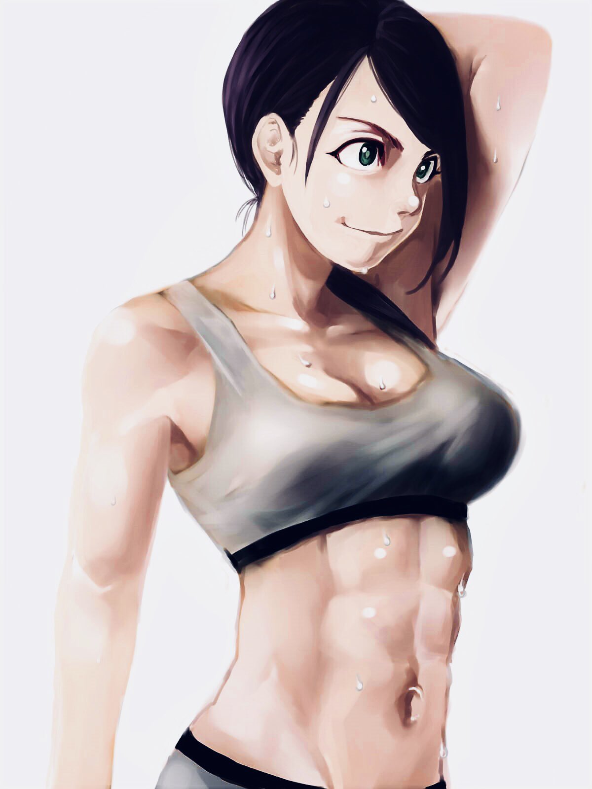 1girl abs arm_up bare_shoulders black_hair breasts commentary_request green_eyes haiokumantan_c hair_over_shoulder highres idolmaster idolmaster_cinderella_girls low_ponytail medium_breasts navel panties ponytail solo sports_bra standing sweat toned underwear upper_body white_background yamato_aki