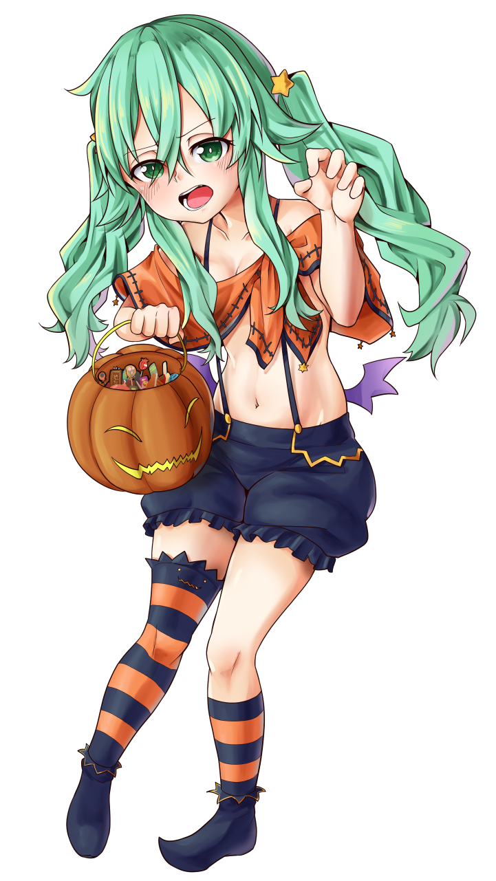 1girl ajidot asymmetrical_legwear bag bare_shoulders bat_wings black_shorts blush breasts claw_pose cleavage crop_top date_a_live food green_eyes green_hair hair_between_eyes hair_ornament highres holding holding_bag holding_pumpkin kneehighs leaning_forward long_hair looking_at_viewer midriff natsumi_(date_a_live) navel no_hat no_headwear open_mouth pumpkin shorts simple_background small_breasts solo star star_hair_ornament striped striped_legwear suspender_shorts suspenders sweets thigh-highs trick_or_treat twintails white_background wings