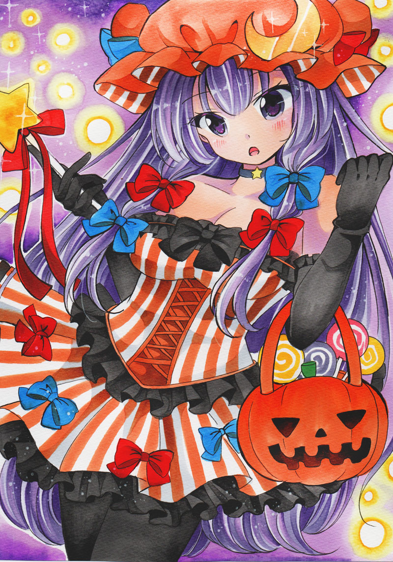 1girl alternate_costume bare_shoulders basket black_legwear blue_bow blue_ribbon blush bow breasts candy choker cleavage collarbone commentary_request crescent crescent_moon_pin eyebrows_visible_through_hair food hair_bow halloween hat hat_ribbon jack-o'-lantern large_breasts light_particles lollipop long_hair looking_at_viewer maccha_xxxxxx marker_(medium) open_mouth patchouli_knowledge pumpkin purple_hair red_bow red_ribbon ribbon solo sparkle star touhou traditional_media very_long_hair violet_eyes wand