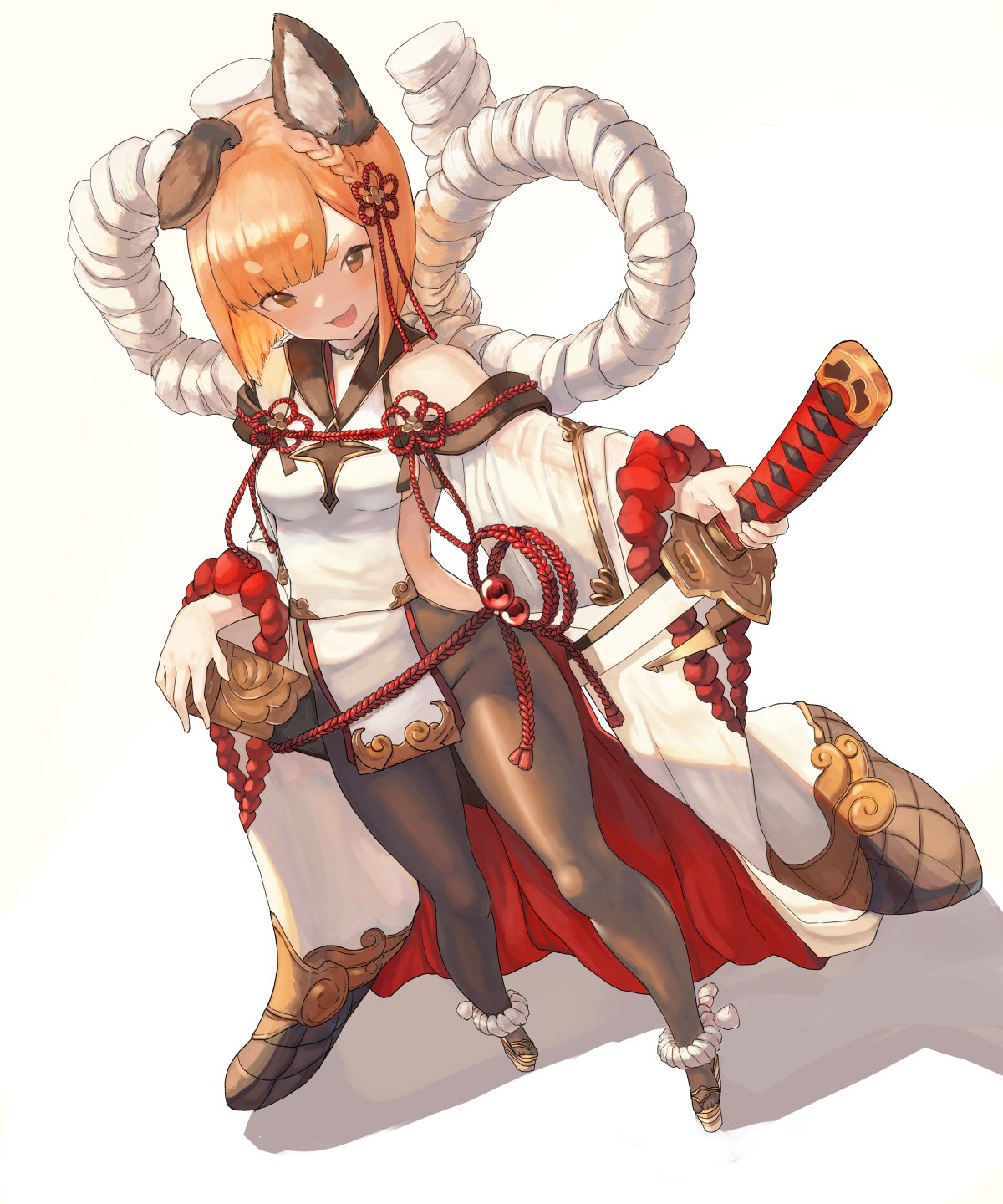 1girl :d animal_ears bangs bare_shoulders black_legwear blonde_hair blunt_bangs breasts brown_eyes detached_sleeves dog_ears erune eyebrows_visible_through_hair foreshortening full_body geta granblue_fantasy highres hips japanese_clothes katana looking_at_viewer moutama open_mouth pantyhose pelvic_curtain rope sheath shimenawa short_hair sideboob smile solo standing sword vajra_(granblue_fantasy) weapon white_background wide_sleeves