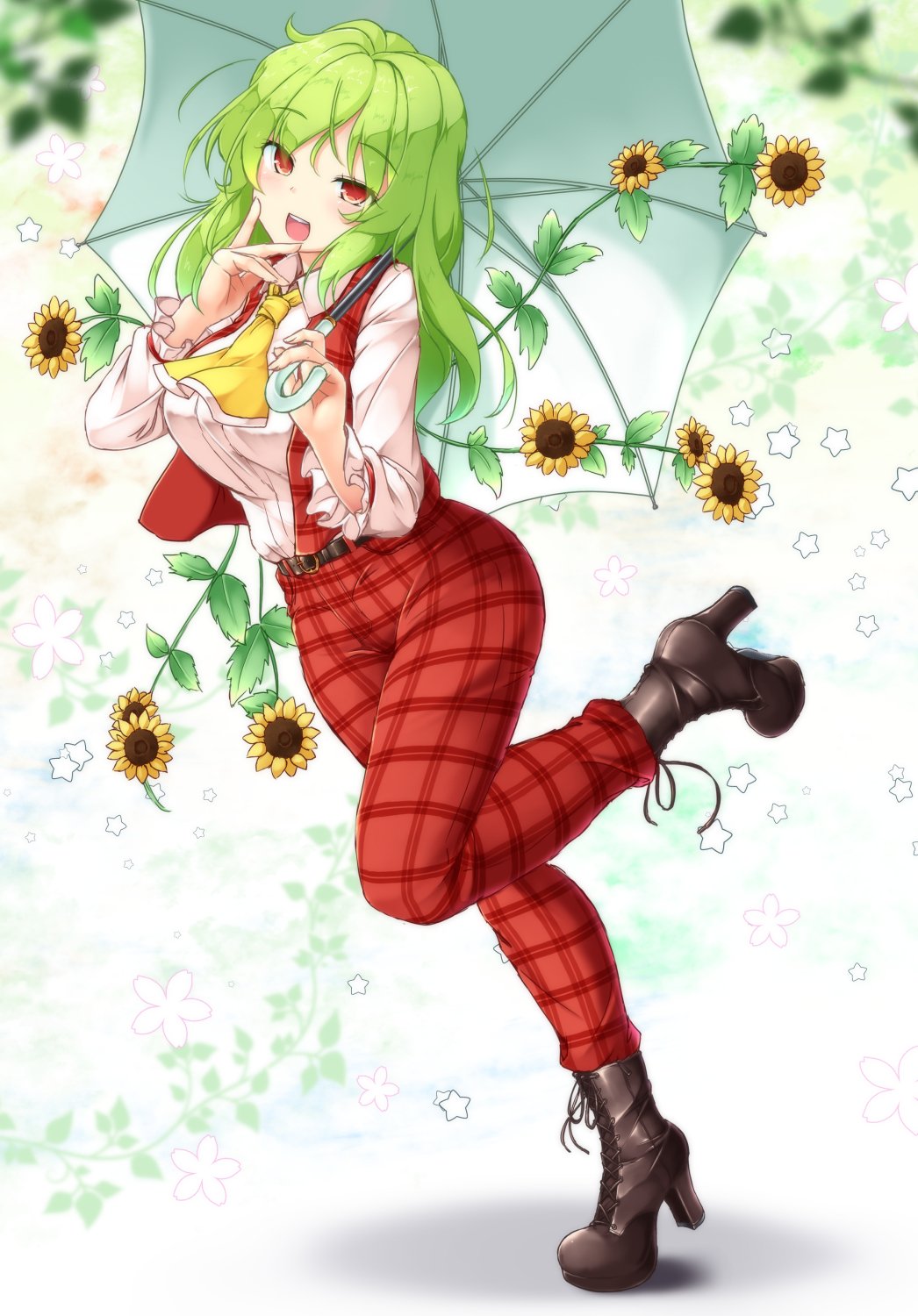 1girl :d aka_tawashi ascot bangs belt blush boots breasts brown_footwear commentary_request eyebrows_visible_through_hair flower full_body green_hair green_umbrella hands_up head_tilt high_heel_boots high_heels highres holding holding_umbrella kazami_yuuka kazami_yuuka_(pc-98) large_breasts leaf leg_up long_sleeves looking_at_viewer open_mouth pants plaid plaid_pants plaid_vest red_eyes red_pants red_vest shadow shirt smile solo standing standing_on_one_leg star sunflower thighs touhou touhou_(pc-98) umbrella vest white_shirt wing_collar yellow_neckwear