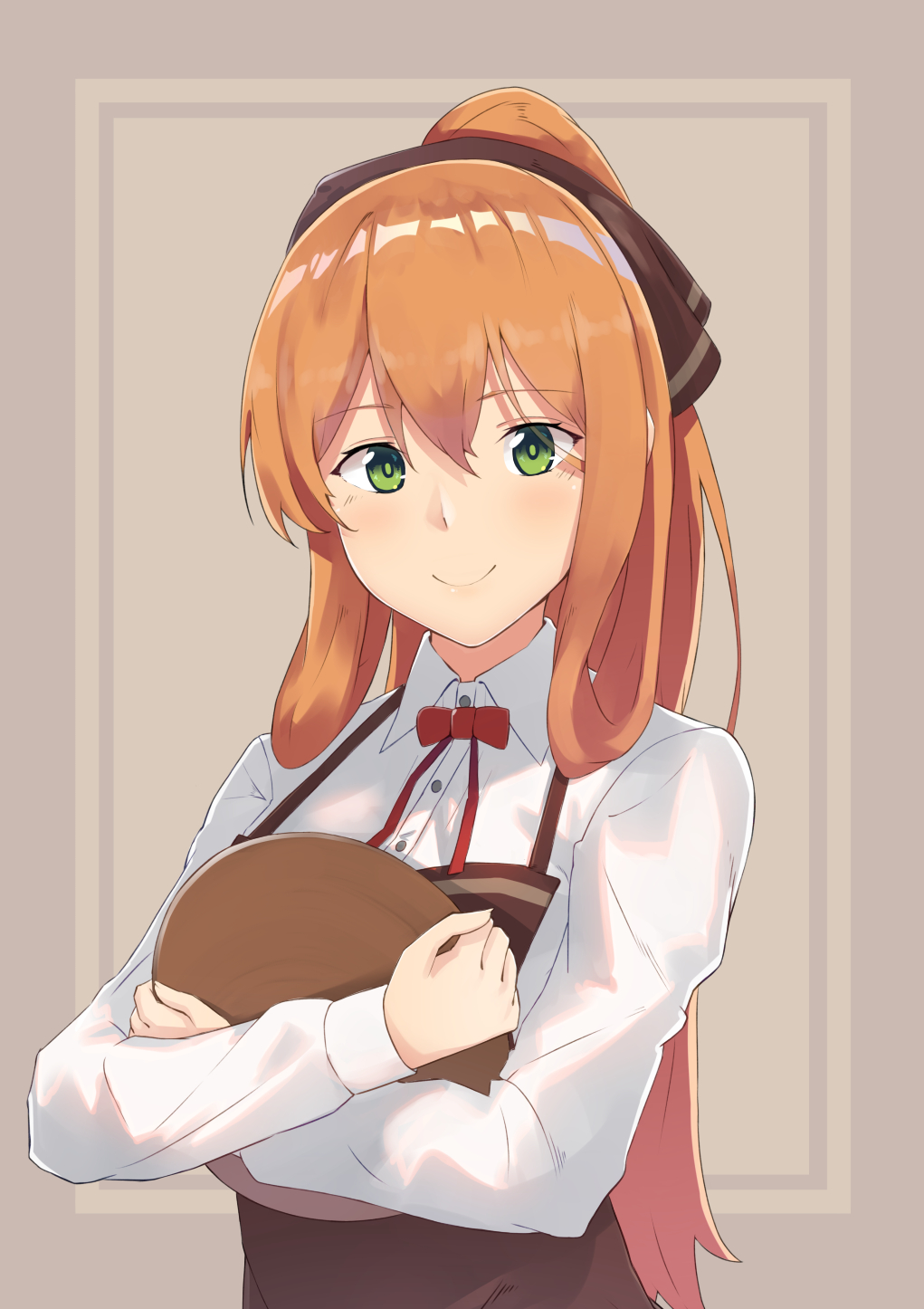 1girl apron blush brown_apron collared_shirt commentary_request eyebrows_visible_through_hair girls_frontline green_eyes hair_between_eyes hair_ornament high_ponytail highres holding holding_tray kusubii long_hair long_sleeves m1903_springfield_(girls_frontline) orange_hair ponytail red_neckwear red_ribbon ribbon shiny shiny_hair shirt smile solo tray two-tone_background upper_body white_shirt wing_collar