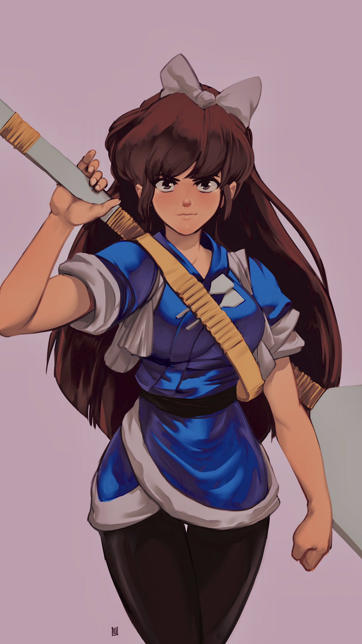 1girl bangs bow breasts brown_hair clenched_hand commentary david_liu english_commentary hair_bow highres huge_weapon japanese_clothes kuonji_ukyou long_hair medium_breasts over_shoulder pants ranma_1/2 sleeves_rolled_up solo spatula standing strap thigh_gap weapon weapon_over_shoulder