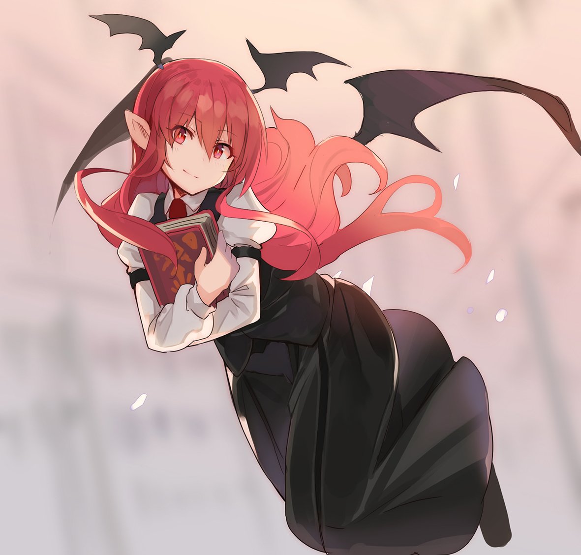 1girl arm_belt bangs bat_wings black_footwear black_skirt black_vest black_wings book closed_mouth collared_shirt commentary_request demon_wings eyebrows_visible_through_hair floating_hair flying full_body hair_between_eyes head_tilt head_wings holding holding_book juliet_sleeves koakuma long_hair long_skirt long_sleeves looking_at_viewer necktie pointy_ears puffy_sleeves red_eyes red_neckwear redhead rin_falcon shirt shoes skirt skirt_set smile solo touhou very_long_hair vest white_shirt wing_collar wings