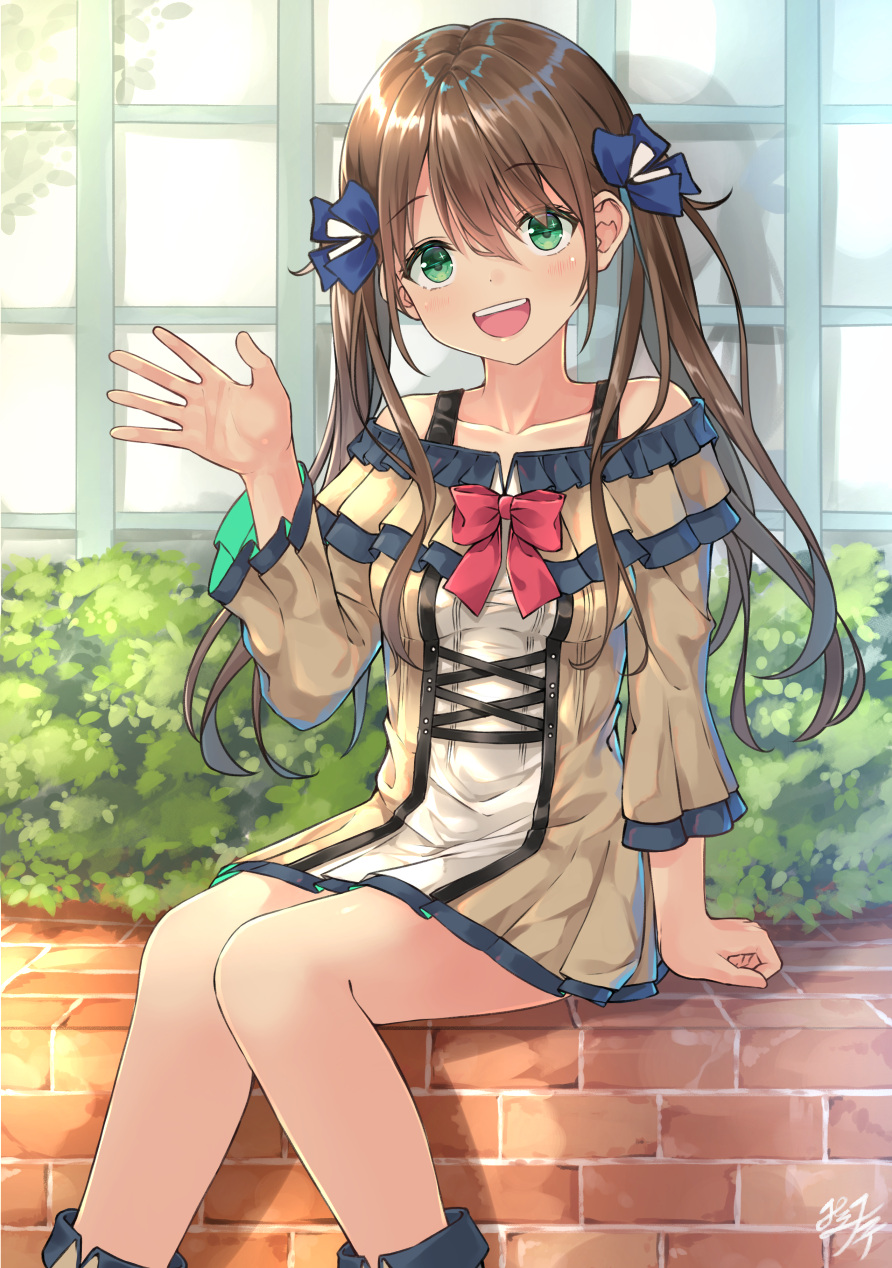 1girl :d bangs bare_shoulders blue_ribbon blush boots bow brick_wall brown_dress brown_hair collarbone commentary_request day dress eyebrows_visible_through_hair green_eyes hair_between_eyes hair_ribbon hand_up head_tilt hedge_(plant) highres long_hair long_sleeves miko_fly off-shoulder_dress off_shoulder open_mouth original outdoors pleated_dress red_bow reflection ribbon sidelocks signature sitting smile solo twintails window