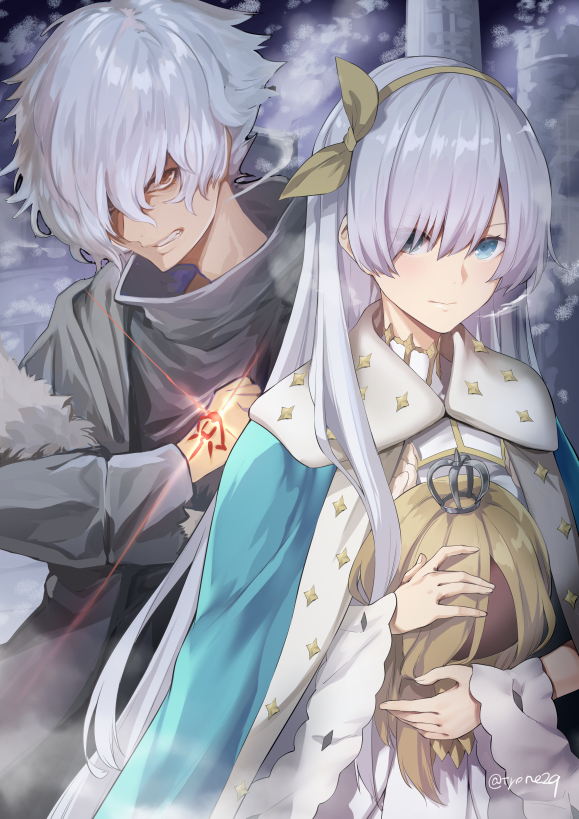 1boy 1girl anastasia_(fate/grand_order) bangs black_shirt blue_cloak blue_eyes brown_eyes clenched_teeth cloak closed_mouth command_spell commentary_request crown eyebrows_visible_through_hair fate/grand_order fate_(series) fur-trimmed_jacket fur_trim glowing grey_jacket hair_between_eyes hair_over_one_eye hands_up jacket kadoc_zemlupus light_brown_hair long_hair looking_at_viewer mini_crown open_clothes open_jacket parted_lips royal_robe shirt silver_hair teeth twitter_username tyone very_long_hair