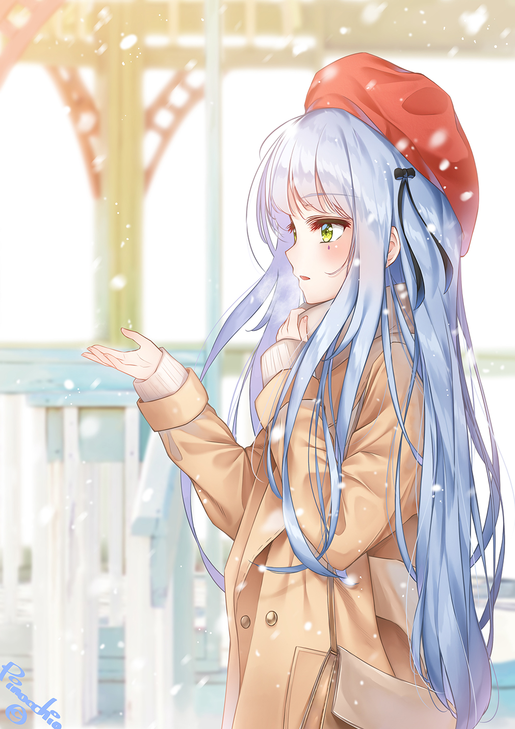 1girl artist_name bag bangs beret black_ribbon blunt_bangs blurry blurry_background blush breath brown_coat casual coat commentary contemporary day depth_of_field eyebrows_visible_through_hair facial_mark fingernails from_side girls_frontline green_eyes grey_scarf hair_ribbon handbag hat highres hk416_(girls_frontline) long_sleeves open_mouth outdoors outstretched_hand pinocchio_(dlekrkdwlt) profile red_hat ribbon scarf snowing solo winter winter_clothes winter_coat