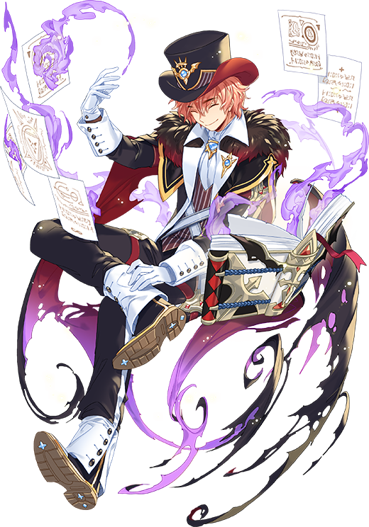 1boy black_hat book closed_eyes facing_viewer formal full_body gloves hand_up hat magic male_focus official_art open_book papers red_hat skerry smile solo suit teria_saga top_hat transparent_background white_gloves