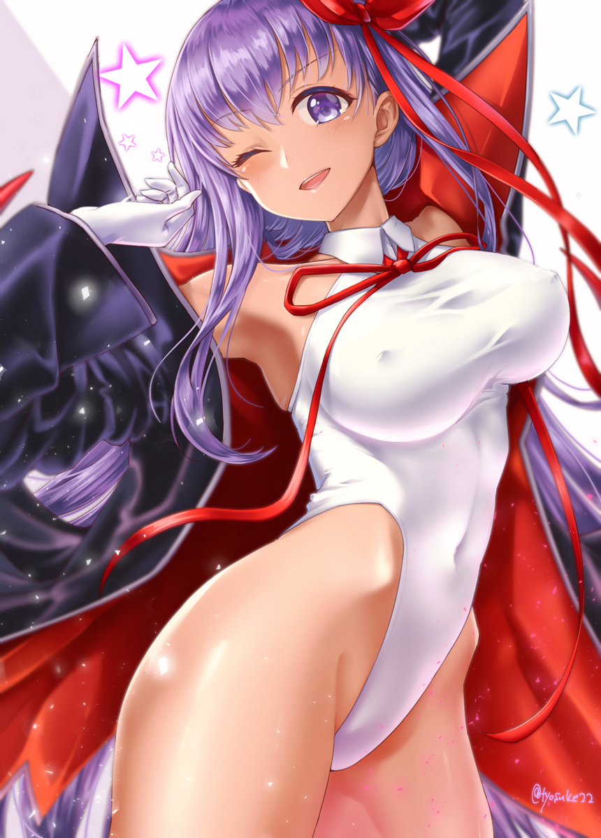 armpits bb_(fate)_(all) bb_(swimsuit_mooncancer)_(fate) blush breasts chiyosuke_(nosuke21) commentary_request covered_nipples cowboy_shot fate/grand_order fate_(series) gloves hair_ribbon highleg highleg_leotard highres hips large_breasts leotard looking_at_viewer one_eye_closed open_mouth purple_hair red_ribbon ribbon star swimsuit tan white_gloves white_leotard