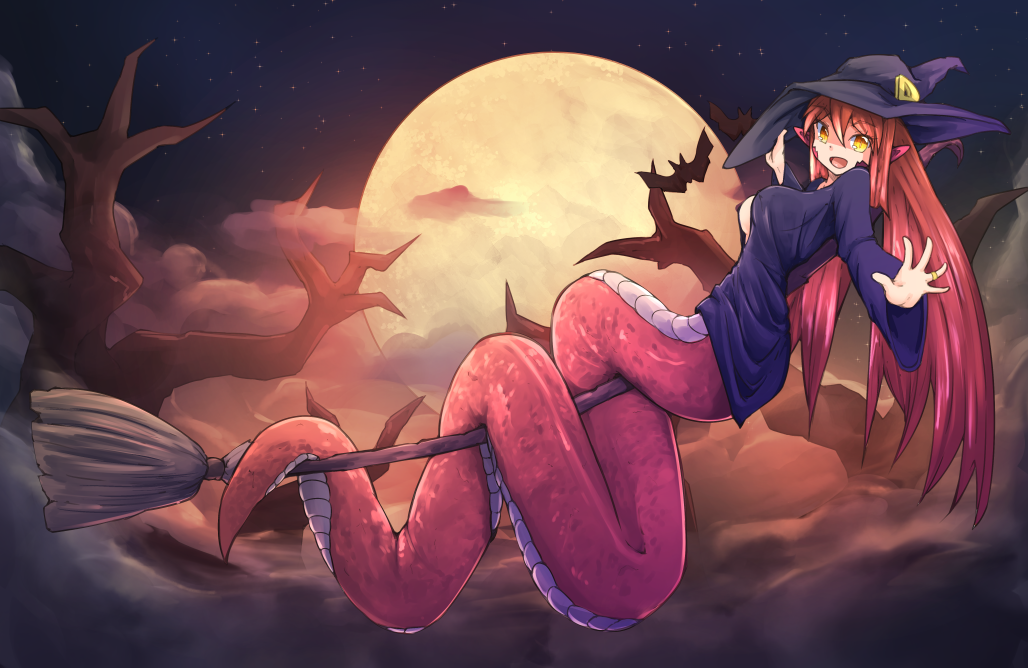 1girl :d bare_tree bat breasts broom broom_riding clouds commentary eyebrows_visible_through_hair full_moon hair_between_eyes halloween hand_on_headwear hat jewelry lamia long_hair looking_at_viewer medium_breasts miia_(monster_musume) monster_girl monster_musume_no_iru_nichijou moon nanostar night night_sky open_mouth outstretched_arm pointy_ears redhead ring robe scales sky smile solo tail tail_wrap tree very_long_hair wedding_band wide_sleeves witch_hat yellow_eyes