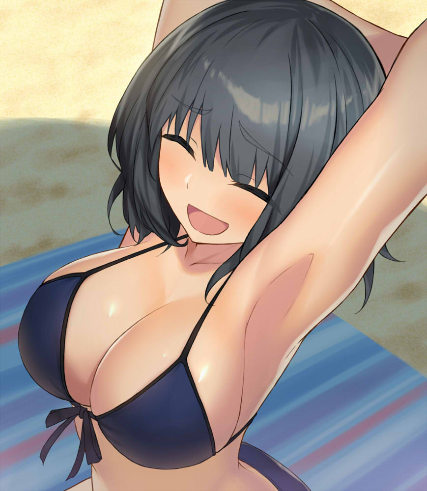 1girl :d ^_^ armpits arms_up bangs beach bikini black_hair blue_bikini blush breasts cccpo cleavage closed_eyes closed_eyes day eyebrows_visible_through_hair front-tie_bikini front-tie_top large_breasts open_mouth original outdoors smile solo swimsuit upper_body