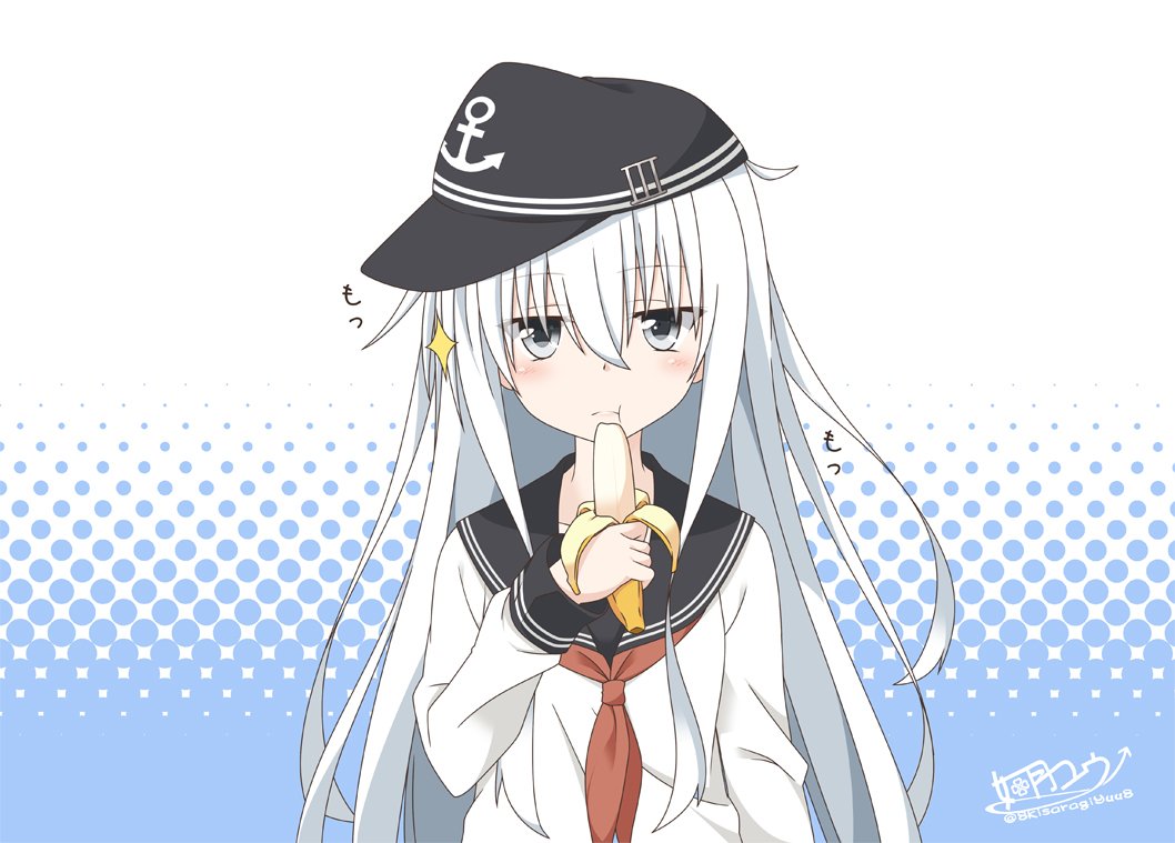 anchor_symbol badge banana black_sailor_collar commentary_request eating flat_cap food fruit grey_eyes hair_between_eyes hat hibiki_(kantai_collection) holding holding_fruit kantai_collection kisaragi_yuu_(re:lucks) long_hair long_sleeves messy_hair neckerchief red_neckwear sailor_collar school_uniform serafuku shirt signature simple_background twitter_username white_hair white_shirt