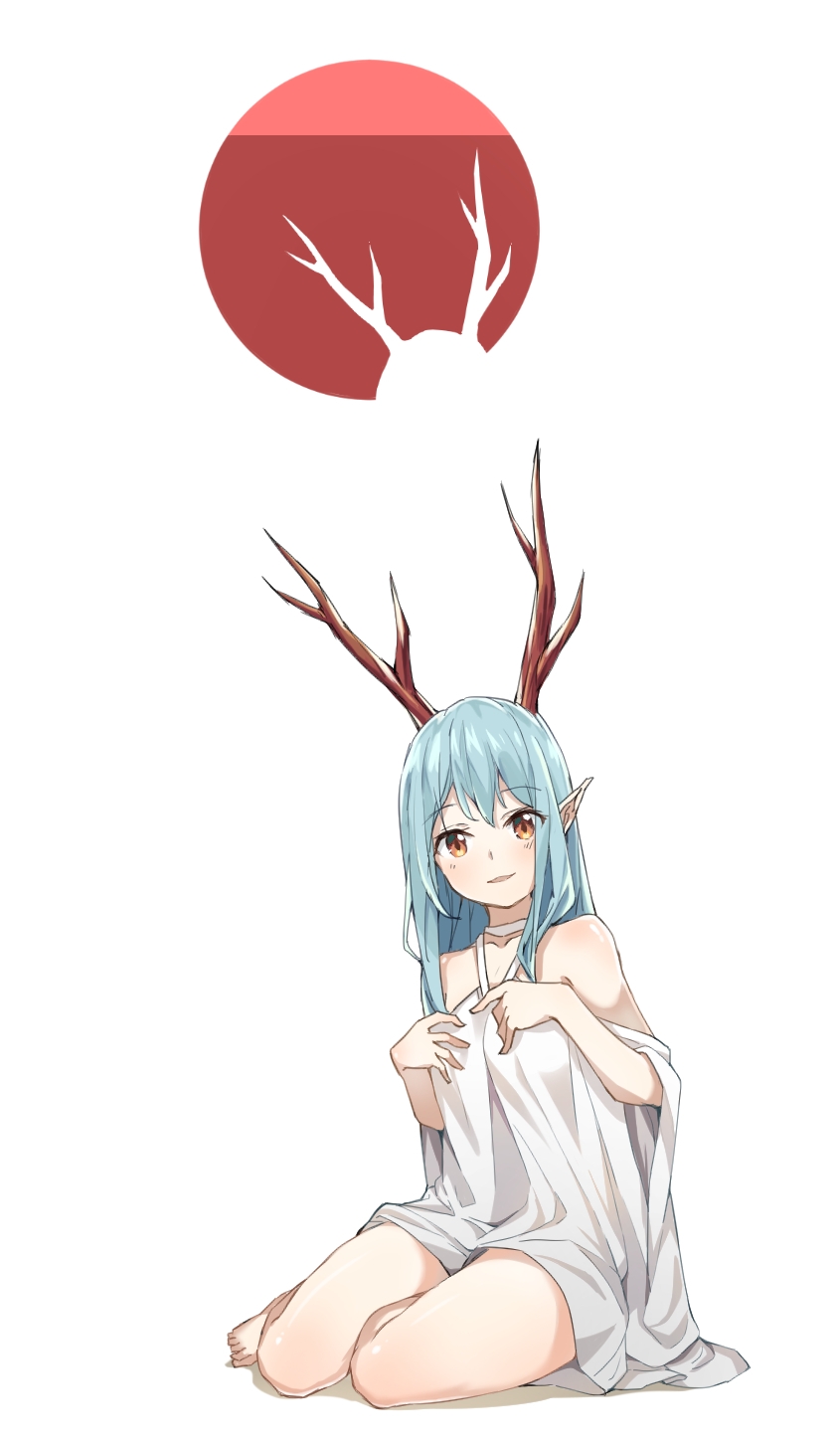 1girl antlers bangs bare_shoulders barefoot blue_hair deatheach dress eyebrows_visible_through_hair full_body halter_dress highres long_hair looking_at_viewer orange_eyes original parted_lips pointy_ears sitting smile solo thighs white_background white_dress yokozuwari