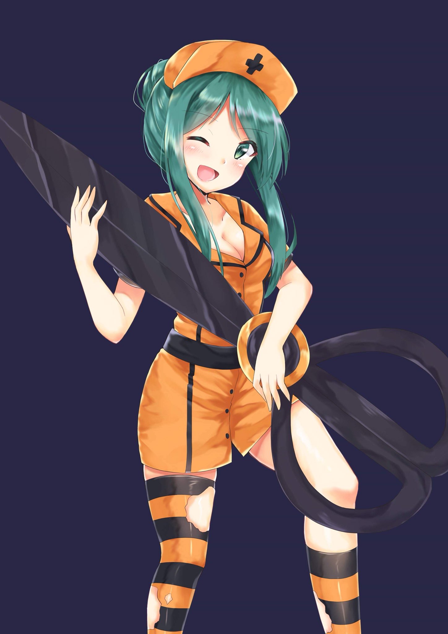 1girl ;d akiteru98 alternate_costume belt black_belt black_legwear blue_background blush breasts cleavage collarbone commentary_request eyebrows_visible_through_hair feet_out_of_frame green_eyes green_hair hat head_tilt highres holding holding_scissors kneehighs looking_at_viewer medium_breasts no_pants nurse_cap one_eye_closed open_mouth orange_legwear orange_shirt scissors shirt short_hair_with_long_locks short_sleeves sidelocks simple_background single_kneehigh single_thighhigh smile solo standing striped striped_legwear teireida_mai thigh-highs thighs torn_clothes torn_legwear touhou