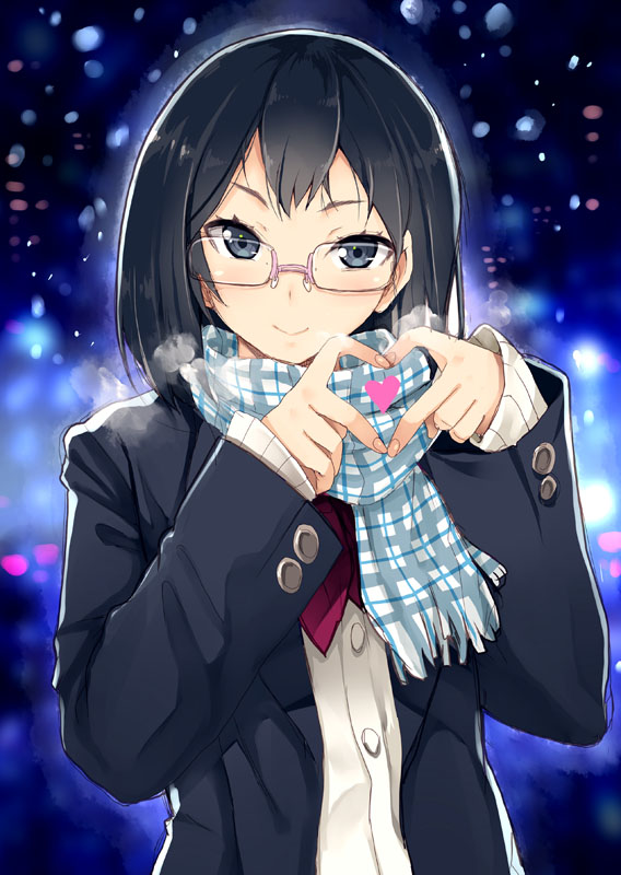 1girl bangs black_hair blazer blue_eyes breath cardigan closed_mouth fringe_trim glasses hands_up heart heart_hands jacket looking_at_viewer night open_blazer open_clothes open_jacket original outdoors plaid plaid_scarf rimless_eyewear scarf school_uniform smile snow solo tsurime tsurugi_hagane