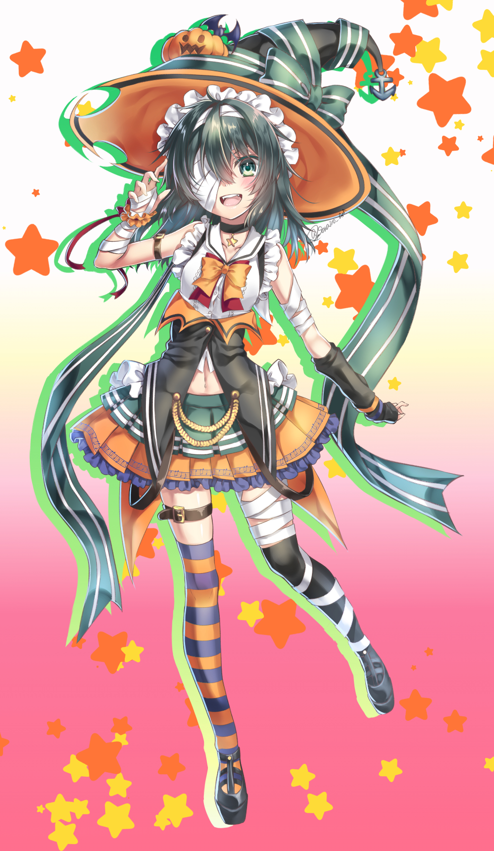 1girl alternate_costume blush bow bowtie dress food full_body gradient gradient_background green_eyes green_hair halloween halloween_costume happy_halloween hat highres kantai_collection kiso_(kantai_collection) looking_at_viewer navel open_mouth orange_neckwear pumpkin shoes short_hair smile solo star striped striped_legwear thigh-highs witch witch_hat yuihira_asu