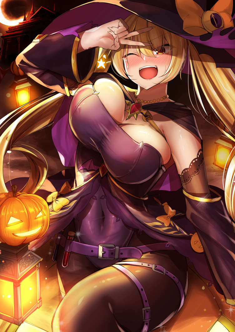1girl azur_lane belt blonde_hair blush bouncing_breasts breasts brown_eyes cleavage commentary_request covered_nipples detached_sleeves hat jack-o'-lantern jewelry kirome_(kamipaper) large_breasts long_hair necklace nelson_(azur_lane) one_eye_closed open_mouth pantyhose smile solo sweatdrop twintails unaligned_breasts vial witch_hat