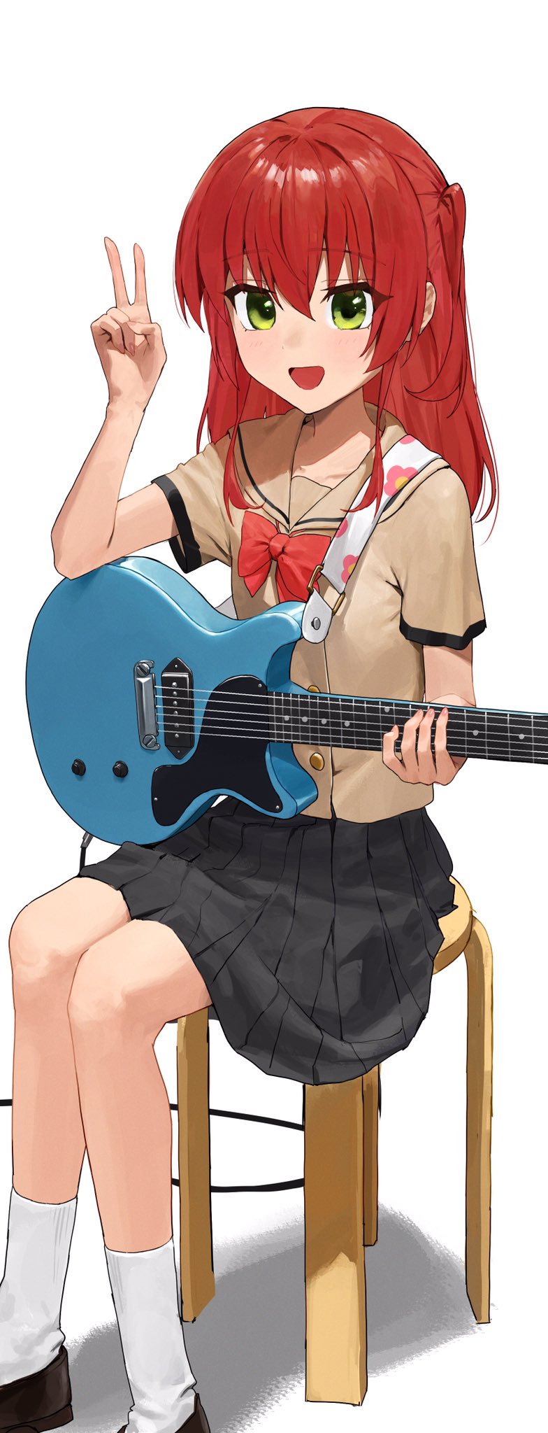 1girl :d bangs black_footwear black_skirt blush bocchi_the_rock! bow brown_sailor_collar brown_shirt commentary_request electric_guitar green_eyes guitar hair_between_eyes hand_up highres holding holding_instrument instrument kita_ikuyo long_hair looking_at_viewer one_side_up pleated_skirt red_bow redhead sailor_collar school_uniform serafuku shirt shoes short_sleeves simple_background sitting skirt smile socks solo stool tsuneta328 v white_background white_socks