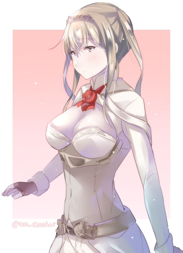 1girl bangs blonde_hair blush border breasts character_request cleavage closed_mouth commentary_request framed_breasts juurouta kantai_collection large_breasts light_frown long_hair looking_at_viewer outside_border solo twitter_username white_border