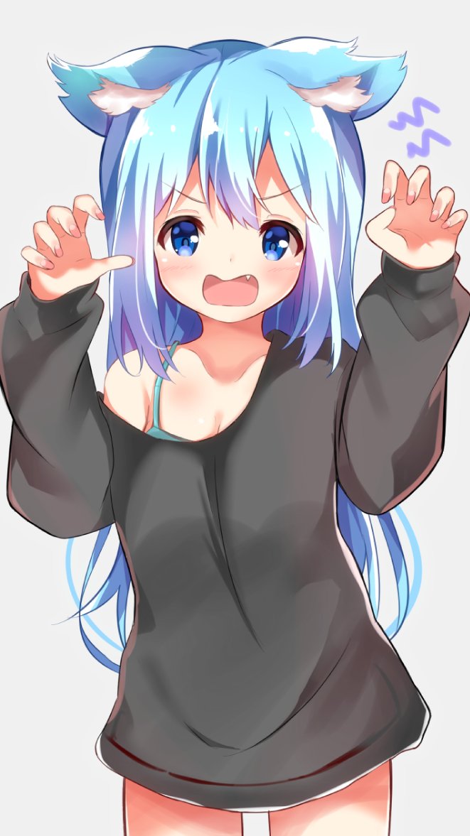 1girl animal_ears black_sweater blue_eyes blue_hair claw_pose d: fang furrowed_eyebrows gradient_hair light_blue_hair long_hair long_sleeves multicolored_hair nagomi_yayado naked_sweater no_pants off_shoulder open_mouth original roaring sweater wolf_ears
