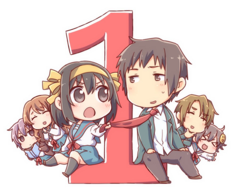 2boys 4girls asahina_mikuru brown_eyes brown_hair chibi closed_eyes commentary_request eyebrows_visible_through_hair hair_ribbon koizumi_itsuki kyon multiple_boys multiple_girls nagato_yuki necktie open_mouth purple_hair ribbon school_uniform serafuku short_hair simple_background skirt smile suzumiya_haruhi suzumiya_haruhi_no_yuuutsu taiki_(6240taiki) violet_eyes watahashi_yasumi white_background