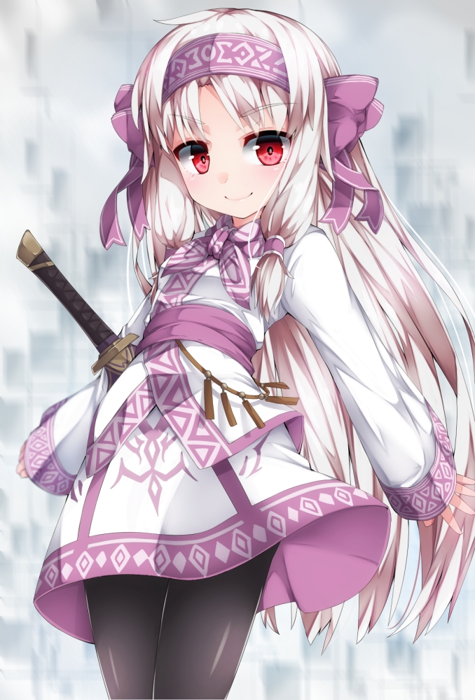 1girl ainu_clothes bangs black_legwear blush bow closed_mouth commentary_request cowboy_shot eyebrows_visible_through_hair fate/grand_order fate_(series) hair_bow hairband illyasviel_von_einzbern light_brown_hair long_hair long_sleeves pantyhose parted_bangs purple_bow purple_hairband red_eyes sitonai sleeves_past_wrists smile solo standing sword uumaru v-shaped_eyebrows very_long_hair weapon wide_sleeves