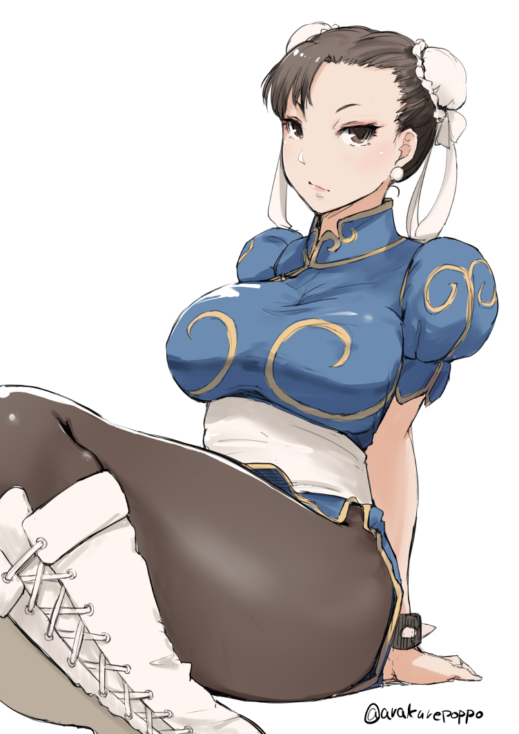 1girl arakure blue_dress boots bracelet breasts brown_eyes brown_hair brown_legwear capcom china_dress chinese_clothes chun-li commentary_request cover cross-laced_footwear double_bun dress earrings eyeshadow hair_bun jewelry lace-up_boots large_breasts makeup pantyhose pixiv puffy_short_sleeves puffy_sleeves short_sleeves sitting solo spiked_bracelet spikes street_fighter thick_thighs thighs white_background white_footwear