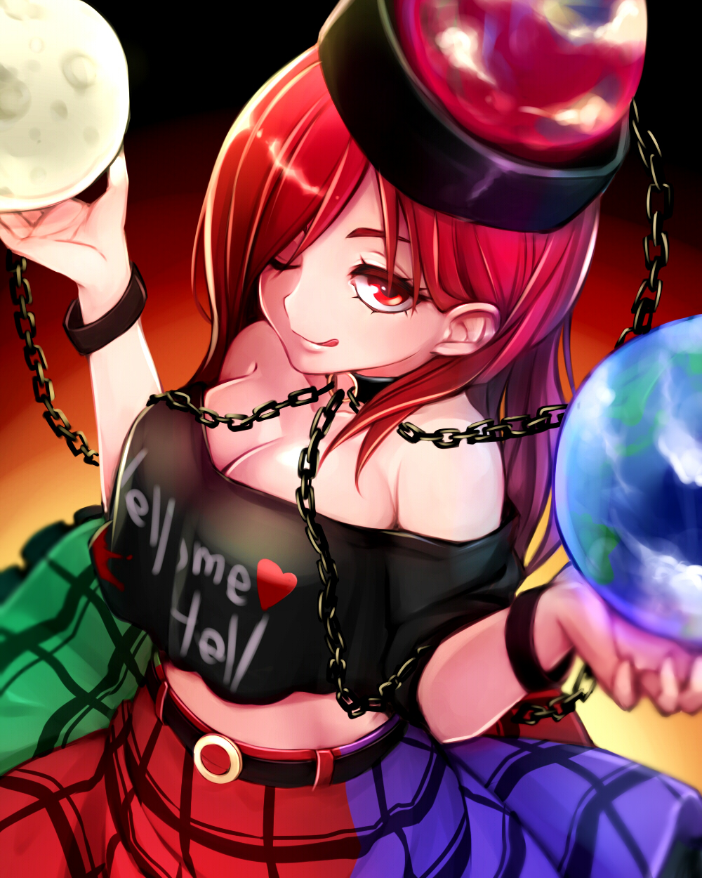 1girl ;p bare_shoulders belt black_background black_shirt breasts chains cleavage closed_mouth clothes_writing collar cuffs earth_(ornament) gradient gradient_background hands_up heart hecatia_lapislazuli highres holding large_breasts licking_lips long_hair looking_at_viewer midriff moon_(ornament) multicolored multicolored_clothes multicolored_skirt o-ring o-ring_belt off-shoulder_shirt one_eye_closed orange_background polos_crown red_eyes redhead shiny shiny_hair shirt skirt smile solo t-shirt tongue tongue_out touhou wikumi yellow_background