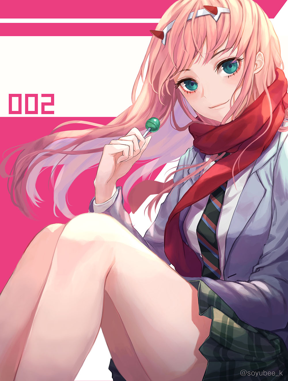 1girl blazer blue_eyes character_name darling_in_the_franxx floating_hair grey_jacket hairband highres holding_lollipop horns jacket long_hair looking_at_viewer miniskirt necktie open_blazer open_clothes open_jacket pink_hair pleated_skirt red_scarf scarf school_uniform shirt sitting skirt smile solo soyubee striped_neckwear twitter_username white_hairband white_shirt zero_two_(darling_in_the_franxx)