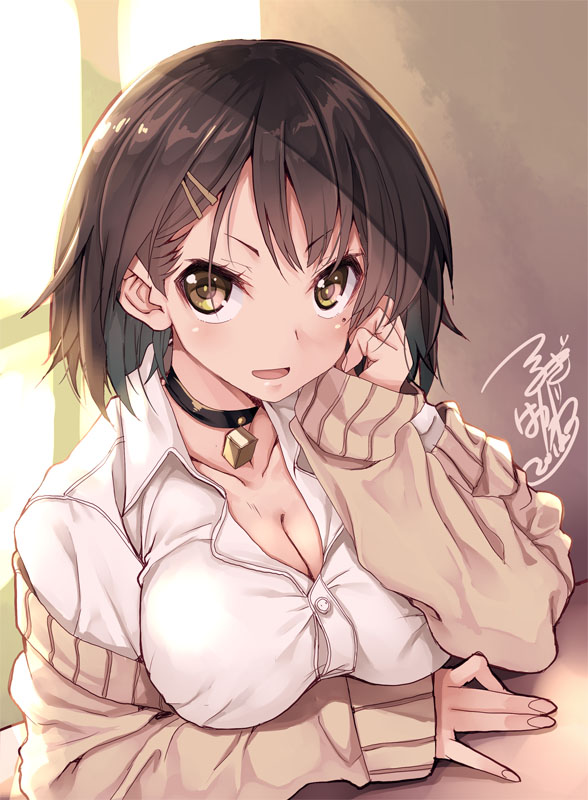 1girl artist_name bangs breast_rest breasts brown_eyes brown_hair cardigan choker cleavage day hair_ornament hairclip indoors large_breasts looking_at_viewer mole mole_under_eye open_cardigan open_clothes open_mouth original school_uniform shade short_hair signature smile solo tsurime tsurugi_hagane
