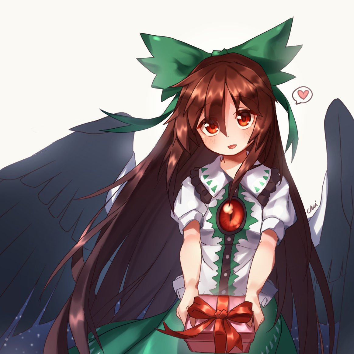 1girl artist_name asrielchu black_wings blush bow box brown_hair cape collared_shirt eyebrows_visible_through_hair feathered_wings gift gift_box green_bow green_skirt hair_between_eyes hair_bow head_tilt heart holding holding_gift long_hair looking_at_viewer parted_lips puffy_short_sleeves puffy_sleeves red_eyes red_ribbon reiuji_utsuho ribbon shiny shirt short_sleeves simple_background skirt smile solo spoken_heart third_eye touhou upper_body very_long_hair white_background white_shirt wing_collar wings