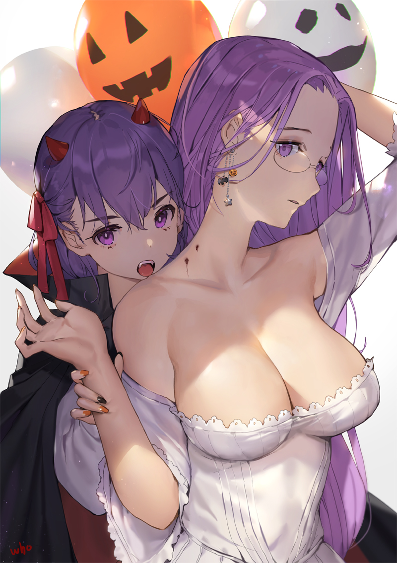 2girls alternate_costume arm_up balloon bare_shoulders bat_earrings bb_(fate)_(all) bb_(swimsuit_mooncancer)_(fate) bite_mark black_cape black_nails blood breasts cape cleavage collarbone commentary dress earrings fangs fate/grand_order fate_(series) female glasses hair_between_eyes hair_ribbon halloween hand_up heaven's_feel highres horns jack-o'-lantern jack-o'-lantern_earrings jewelry large_breasts lavender_eyes lavender_hair long_hair looking_at_viewer matou_sakura medusa_(fate)_(all) multicolored multicolored_nails multiple_girls nail_polish neck off-shoulder_dress off_shoulder open_mouth orange_nails purple_hair ribbon rider shade symbol_commentary type-moon vampire vampire_costume violet_eyes white_dress whoisshe wrist_grab you_gonna_get_raped yuri