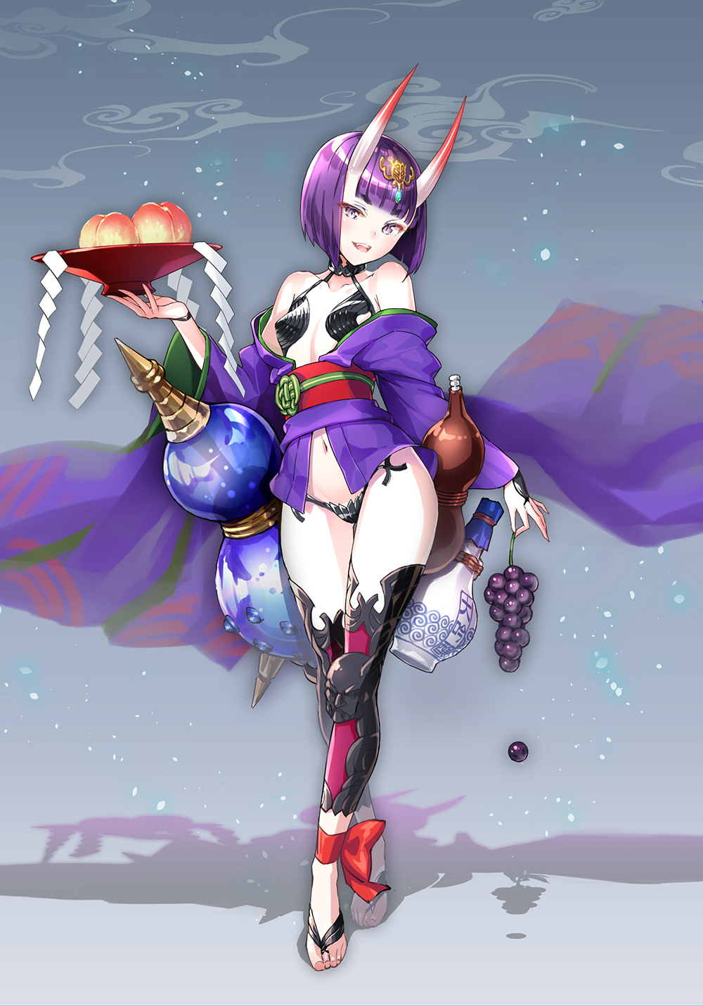 1girl ankle_bow ankle_ribbon bangs bare_shoulders blunt_bangs bob_cut bow breasts collarbone commentary_request cup eyebrows_visible_through_hair fate/grand_order fate_(series) food fruit full_body gourd grapes grey_background head_tilt headpiece highres holding holding_food horns japanese_clothes kimono long_sleeves looking_at_viewer navel no_shoes off_shoulder oni oni_horns peach purple_hair purple_kimono red_bow ribbon sakazuki shadow short_eyebrows short_hair shuten_douji_(fate/grand_order) small_breasts solo standing suishougensou thick_eyebrows toenails violet_eyes wide_sleeves