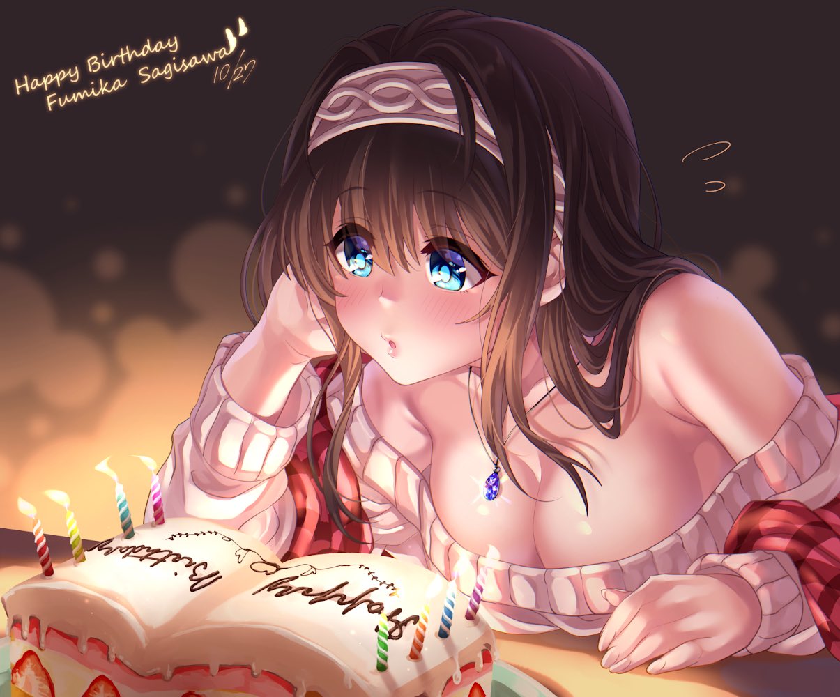 1girl bare_shoulders birthday blowing blue_eyes blush book breasts brown_hair cake candle character_name cleavage collarbone commentary_request cursive dated flying_sweatdrops food food_writing fruit gym happy_birthday idolmaster idolmaster_cinderella_girls jewelry necklace off-shoulder_sweater sagisawa_fumika shawl solo strawberry sweater tdnd-96