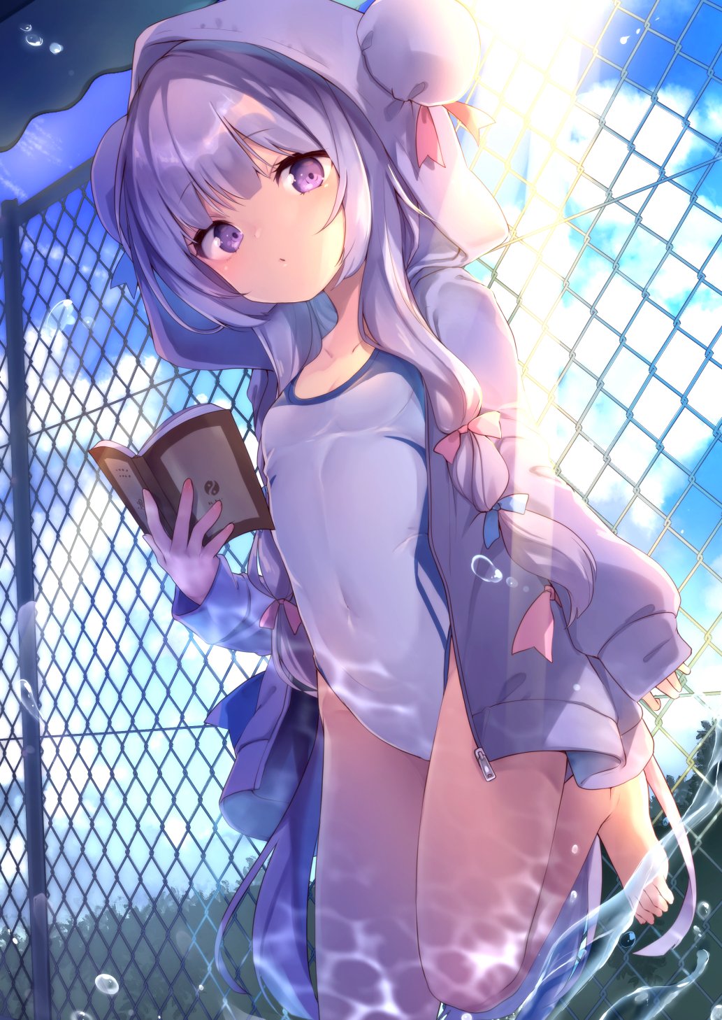 1girl bangs bare_legs barefoot blue_ribbon blue_sky blunt_bangs book breasts bubble clouds cloudy_sky competition_swimsuit covered_navel day eyebrows_visible_through_hair fence hair_ribbon highres holding holding_book hood hooded_jacket hoodie jacket kedama_milk leg_up light_rays long_hair long_sleeves looking_at_viewer one-piece_swimsuit outdoors patchouli_knowledge purple_hair purple_hoodie purple_ribbon purple_swimsuit ribbon shade shiny shiny_hair sidelocks sky sleeves_past_wrists small_breasts solo splashing sunbeam sunlight swimsuit touhou unzipped violet_eyes yin_yang
