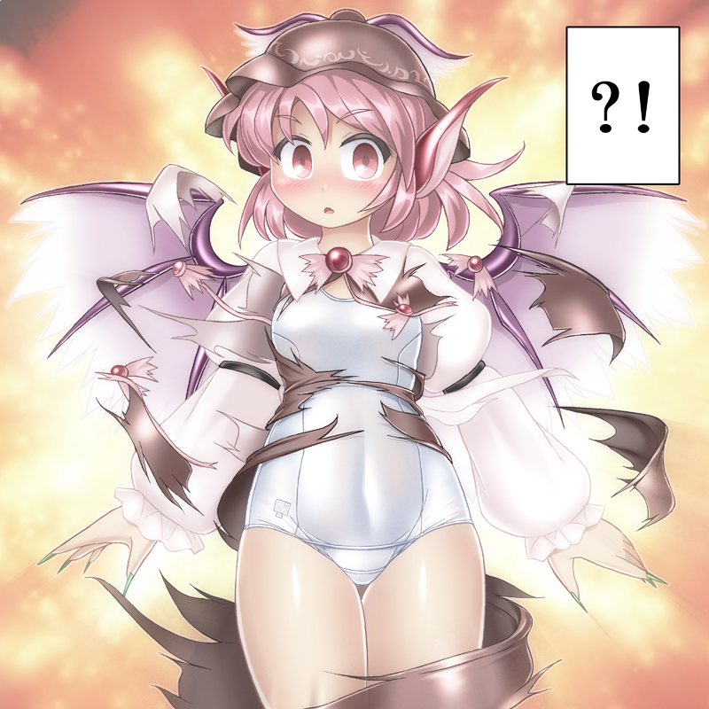 1girl animal_ears bird_wings bow breasts brown_dress brown_eyes brown_hat brown_vest dress dress_shirt embarrassed feathered_wings fingernails frilled_sleeves frills hat jewelry long_fingernails long_sleeves mystia_lorelei one-piece_swimsuit open_mouth pink_bow pink_hair school_swimsuit sharp_fingernails shirt short_hair single_earring small_breasts solo swimsuit swimsuit_under_clothes torn_clothes touhou vest white_school_swimsuit white_shirt white_swimsuit winged_hat wings winn youkai