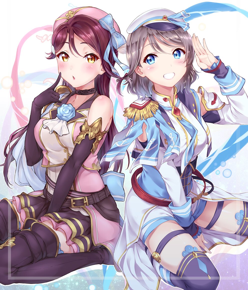 blush bow breasts choker elbow_gloves gloves granblue_fantasy hair_ornament hat hat_bow long_hair long_sleeves love_live! love_live!_sunshine!! medium_breasts sakurauchi_riko salute short_hair smile surfing_orange watanabe_you white_background