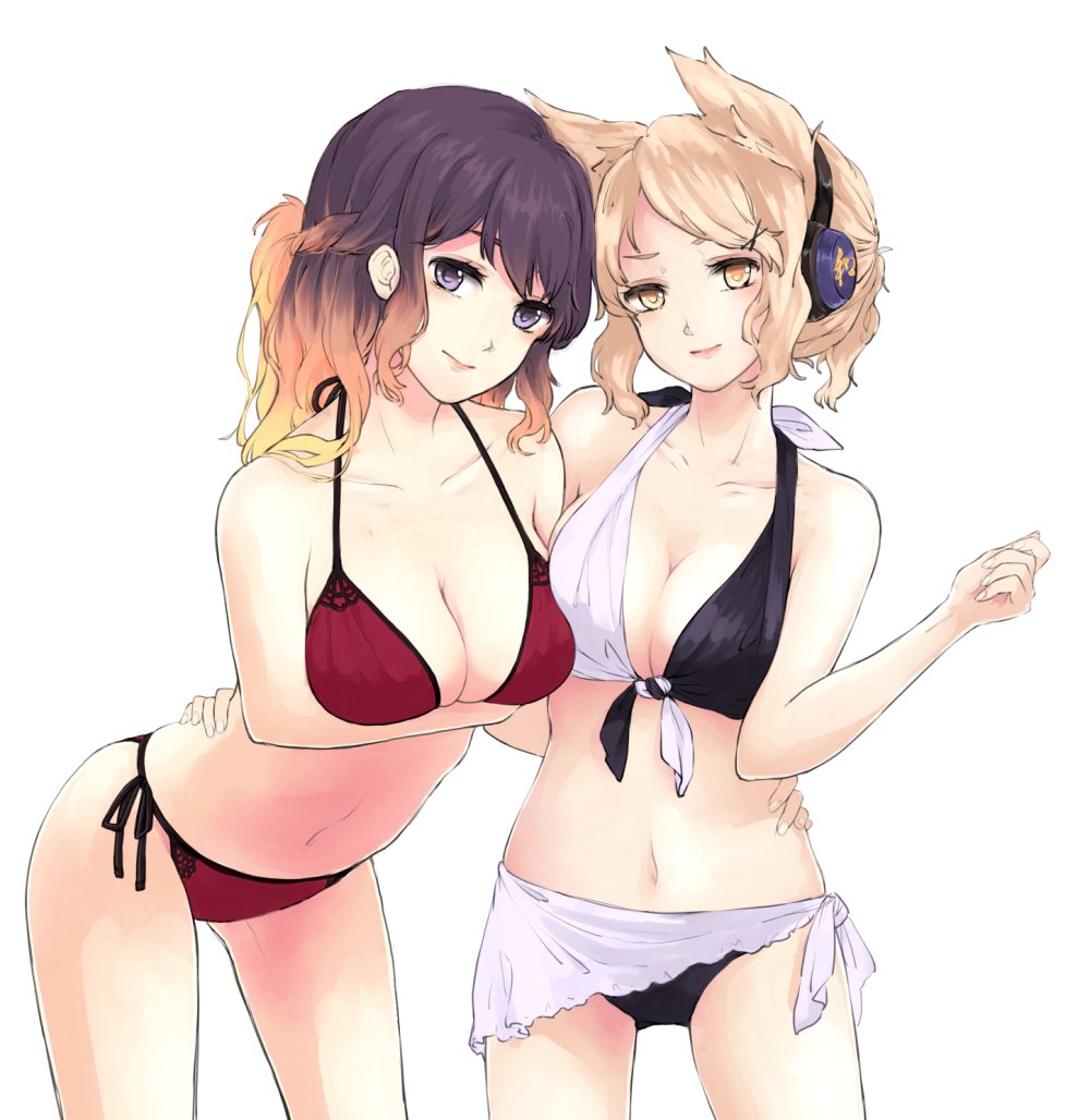 2girls alternate_hairstyle bangs bare_arms bare_legs bare_shoulders bikini black_bikini blonde_hair braid breast_hold breasts cleavage closed_mouth collarbone commentary_request cowboy_shot french_braid front-tie_bikini front-tie_top gradient_hair hand_on_another's_back headphones hijiri_byakuren large_breasts leaning_forward lips long_hair looking_at_viewer mayoln multicolored multicolored_bikini multicolored_clothes multicolored_hair multiple_girls navel pointy_hair ponytail purple_hair red_bikini sarong side-tie_bikini simple_background swimsuit touhou toyosatomimi_no_miko violet_eyes white_background white_bikini yellow_eyes