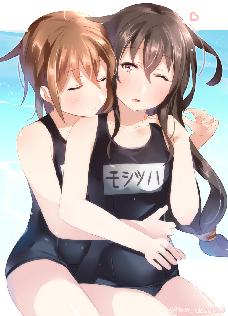 2girls bare_arms bare_shoulders blush closed_eyes closed_mouth collarbone commentary_request facing_another hatsushimo_(kantai_collection) heart hug hug_from_behind juurouta kantai_collection long_hair looking_at_another multiple_girls name_tag old_school_swimsuit one_eye_closed school_swimsuit swimsuit translated twitter_username wakaba_(kantai_collection)