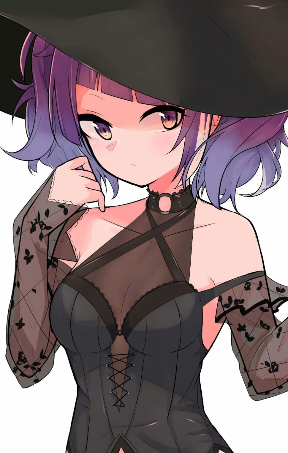 1girl bangs bare_shoulders black_choker choker corset criss-cross_halter detached_sleeves diagonal_bangs halloween_costume halter_top halterneck hanetsuka hat highres idolmaster idolmaster_shiny_colors looking_at_viewer o-ring o-ring_choker purple_hair see-through short_twintails simple_background solo tanaka_mamimi twintails upper_body violet_eyes white_background witch_hat