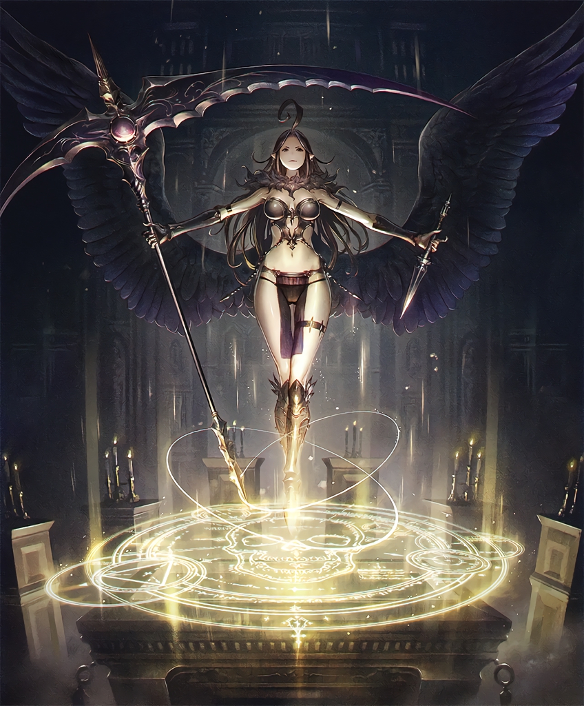 1girl ahoge armored_boots artist_request boots brown_hair candle cygames dagger feathered_wings fur_collar gauntlets loincloth long_hair magic_circle navel official_art pointy_ears revealing_clothes scythe shadowverse thigh_strap weapon wings