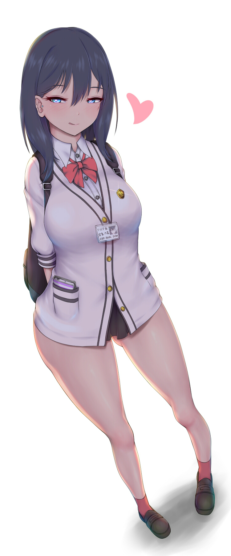 1girl :q arms_behind_back backpack bag black_hair blue_eyes blush bow cardigan gluteal_fold heart heart-shaped_pupils highres long_hair looking_at_viewer naughty_face nikuku_(kazedesune) red_bow simple_background solo ssss.gridman symbol-shaped_pupils takarada_rikka thick_thighs thighs tongue tongue_out white_background
