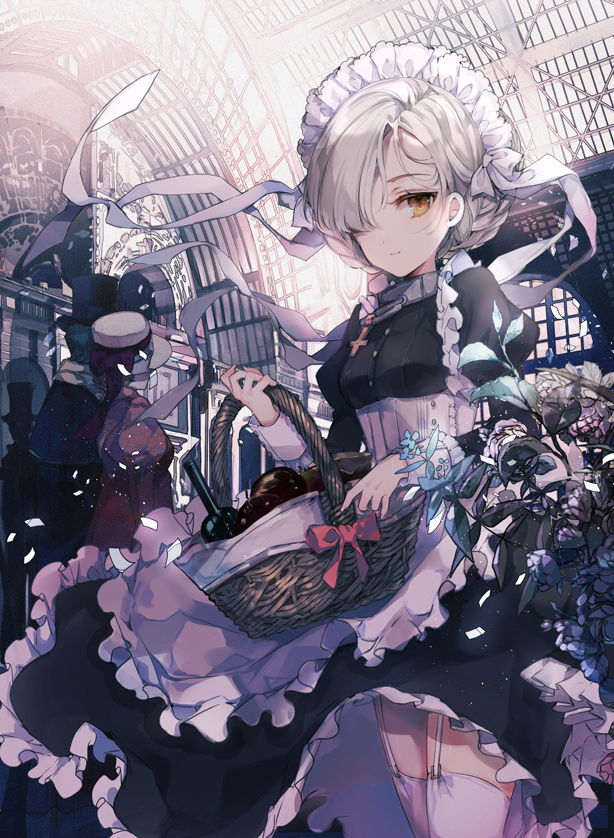 2boys 2girls apple apron azur_lane backlighting basket black_dress black_hat blonde_hair bottle bow braid breasts building cierra_(ra-bit) closed_mouth collar commentary_request corset cowboy_shot cross dress fedora flower food frilled_apron frilled_dress frills fruit garter_straps hat hat_bow holding holding_basket juliet_sleeves long_sleeves looking_at_viewer maid maid_headdress multiple_boys multiple_girls orange_eyes puffy_sleeves red_bow sheffield_(azur_lane) short_hair silhouette sleeve_cuffs small_breasts smile solo_focus thigh-highs tied_hair top_hat waist_apron white_apron white_hat white_legwear wine_bottle