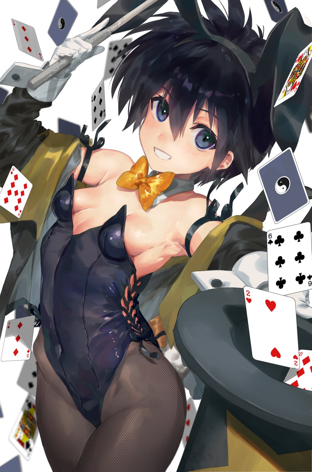 1girl :d animal_ears black_hair black_leotard blue_eyes bow bowtie breasts bunny_girl bunny_tail bunnysuit card cowboy_shot detached_collar eyebrows_visible_through_hair fake_animal_ears fishnet_pantyhose fishnets gloves hair_between_eyes hat hat_removed headwear_removed highres holding holding_hat leotard looking_at_viewer magician mimoza_(96mimo414) navel open_mouth pantyhose playing_card rabbit_ears revealing_clothes short_hair small_breasts smile solo strapless strapless_leotard tail top_hat wand white_background white_gloves wrist_cuffs