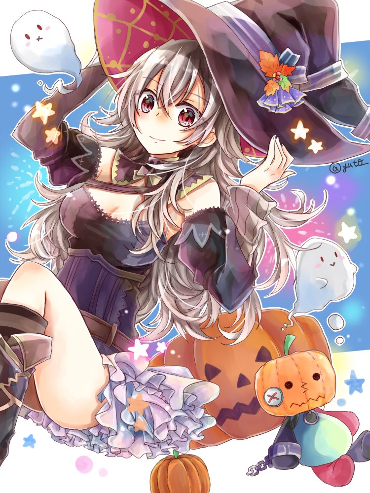 1girl belt breasts cleavage closed_mouth detached_sleeves female_my_unit_(fire_emblem_if) fire_emblem fire_emblem_if ghost halloween_costume hands_on_headwear hat jack-o'-lantern long_hair medium_breasts my_unit_(fire_emblem_if) nintendo pumpkin red_eyes smile solo twitter_username white_hair witch_hat yuyu_(spika)