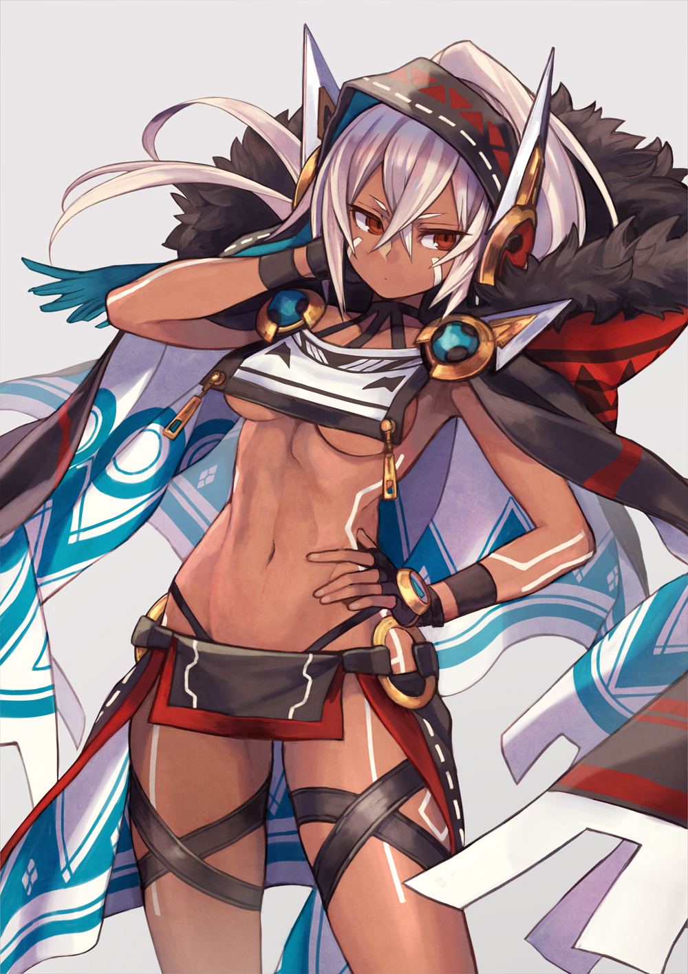 1girl arm_up armpits azur_lane bangs black_cape black_gloves bodypaint breasts cape collarbone commentary_request contrapposto cowboy_shot crop_top crop_top_overhang crossed_bangs dark_skin facial_mark fingerless_gloves fur_trim gloves grey_background hair_between_eyes hair_ornament halterneck hand_on_hip hand_on_own_head highres hood medium_breasts midriff minneapolis_(azur_lane) native_american navel open_clothes ponytail red_eyes revealing_clothes sideboob simple_background solo standing tattoo thigh_strap thong under_boob white_hair yuko_(uc_yuk)