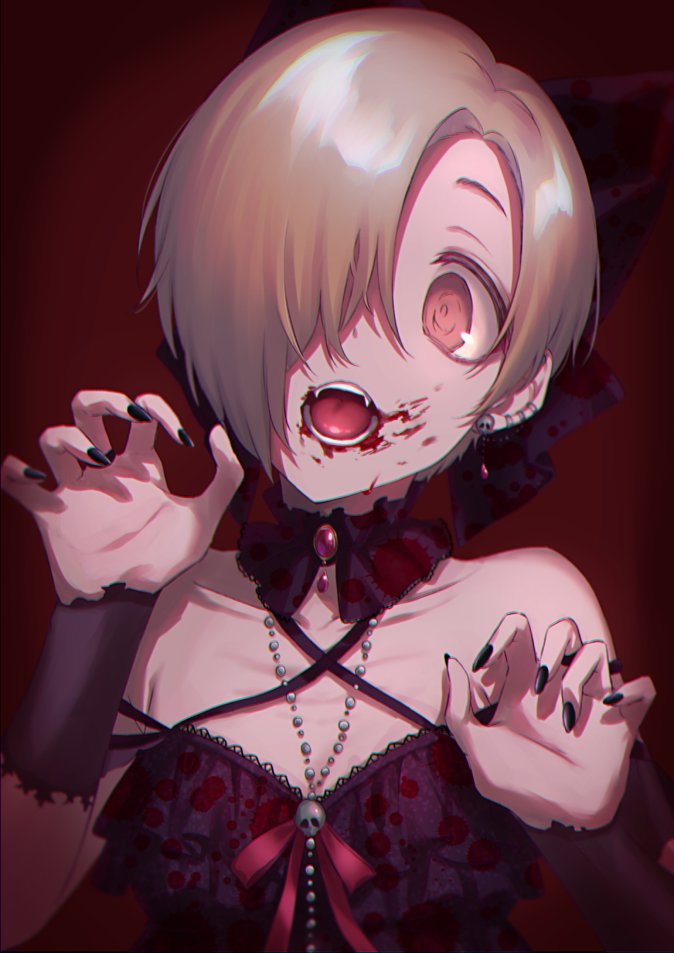 1girl anoa arm_warmers bare_shoulders black_bow black_choker black_nails blonde_hair blood blood_on_face bow choker claw_pose collarbone commentary_request criss-cross_halter ear_piercing earrings fangs fingernails gem hair_bow halloween halterneck hands_up head_tilt highres idolmaster idolmaster_cinderella_girls idolmaster_cinderella_girls_starlight_stage jewelry nail_polish open_mouth piercing red_background red_eyes shirasaka_koume short_hair skull_earrings solo teeth tongue upper_body