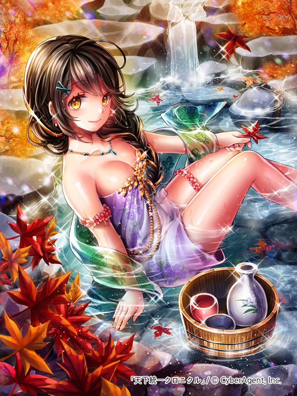 1girl autumn_leaves black_hair braid breasts cleavage collarbone day hair_ornament hair_over_shoulder hairclip hobak jewelry leaf lens_flare long_hair looking_at_viewer maple_leaf medium_breasts naked_towel necklace onsen outdoors purple_towel single_braid sitting solo sparkle tenka_touitsu_chronicle towel water waterfall yellow_eyes